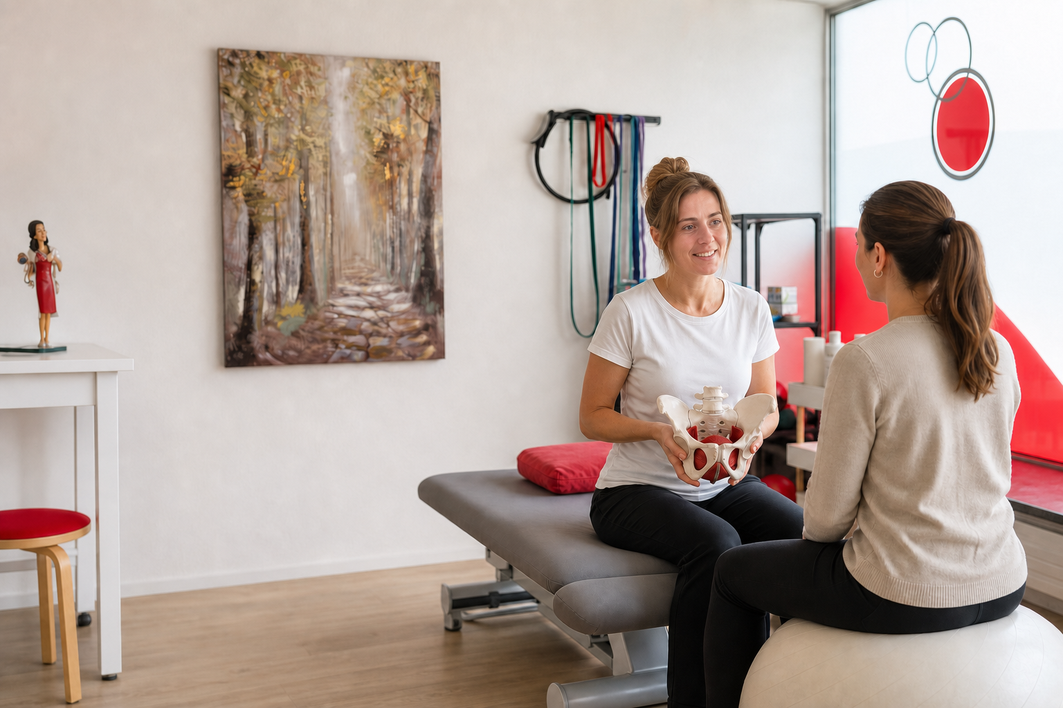 Vertrauliches Gespräch zwischen Physiotherapeutin und Patientin zur Beckenboden-Physiotherapie